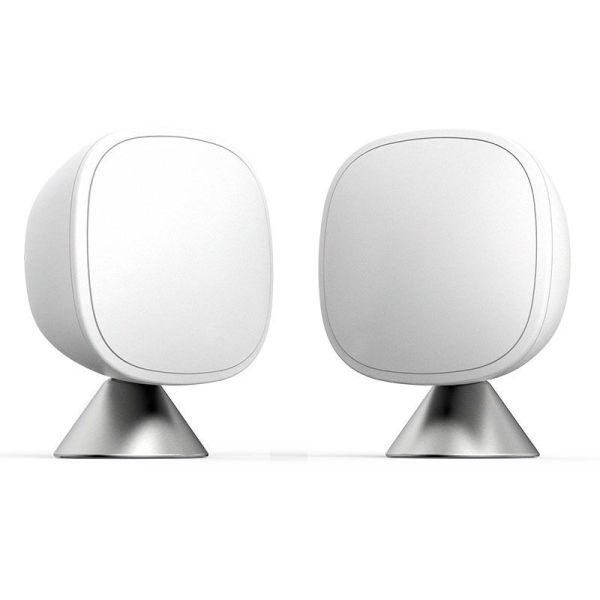 Two silver and white colored ecobee SmartSensors on a white background