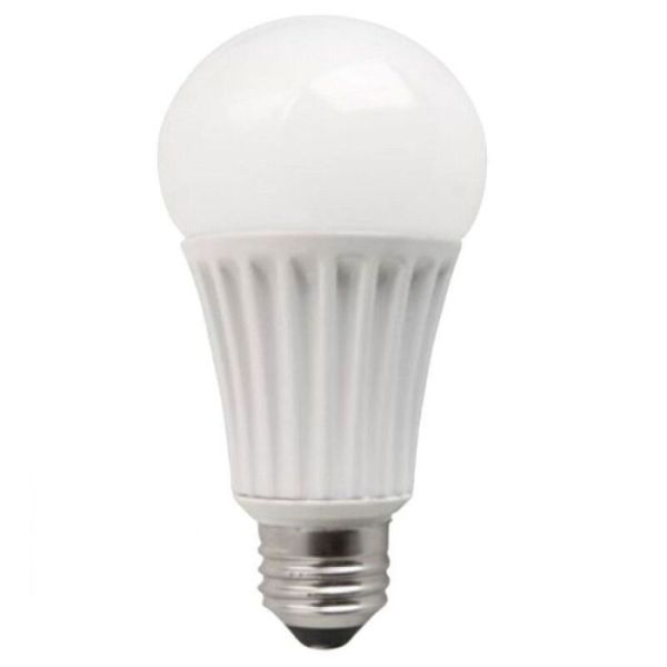 A single TCP Standard A21 3-Way 100W Warm White LED lightbulb on a white background
