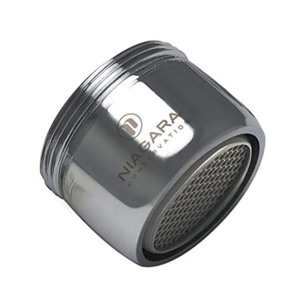 A brass with chrome finish Niagara 1.0 GPM Dual Thread Bubble Bathroom Aerator on a white background.