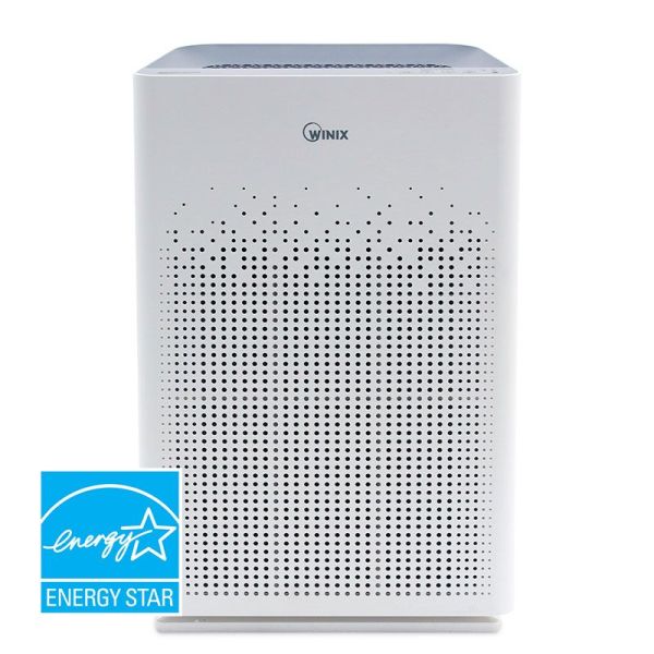 A white colored Winix AM90 Air Purifier on a white background and a blue Energy Star logo
