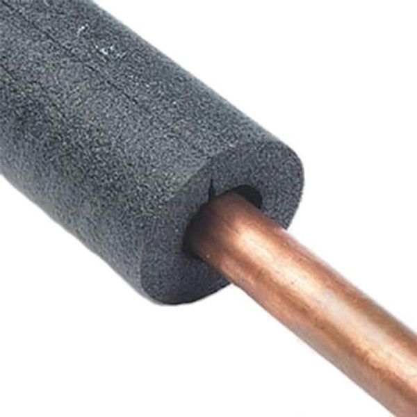 Black Pipe Insulation (1/2"W X 1/2"C, 3') around a copper pipe on a white background.