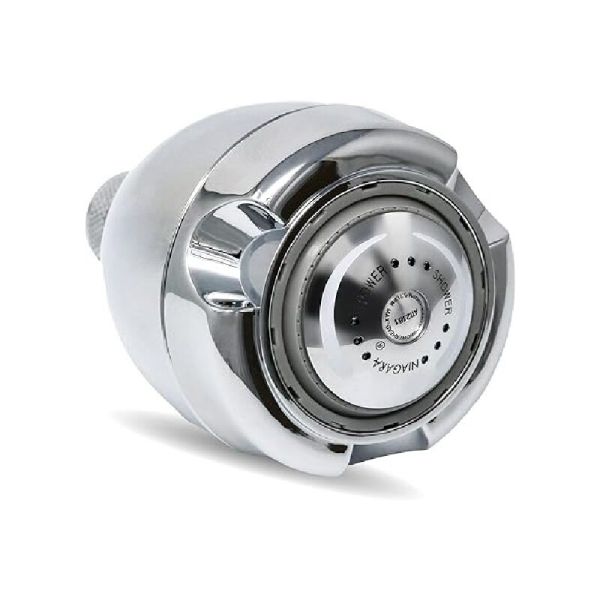 A silver Niagara 1.5 gpm Earth Massage Chrome Showerhead on a white background.