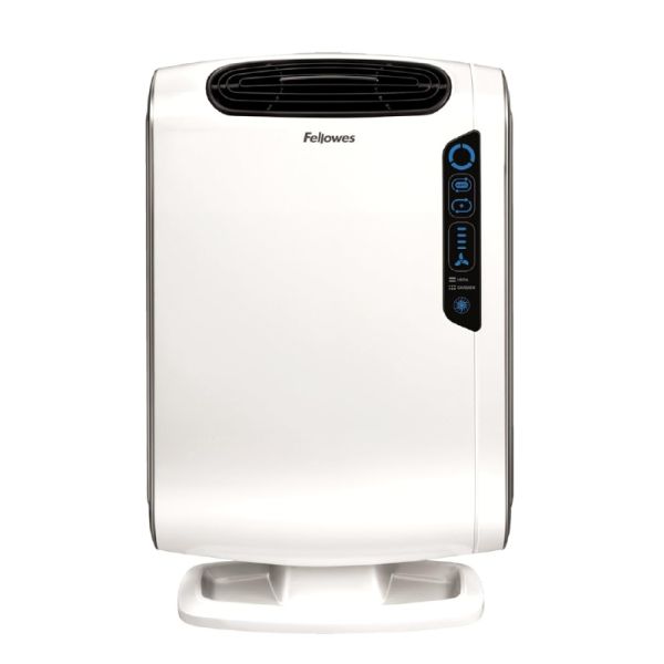 A white and black colored Fellowes AeraMax DX55 Air Purifier on a white background
