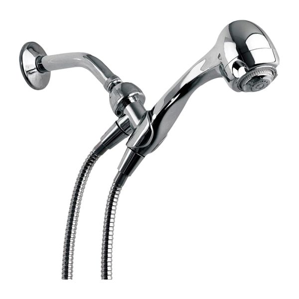 A chrome plated Niagara Conservation Earth Spa 3-Spray Handheld Shower Head on a white background