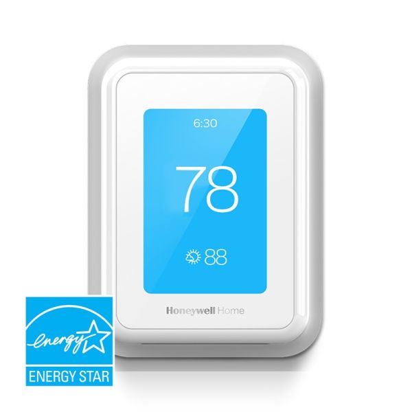 A white colored Honeywell T9 Smart Thermostat on a white background and a blue EnergyStar logo in the left corner
