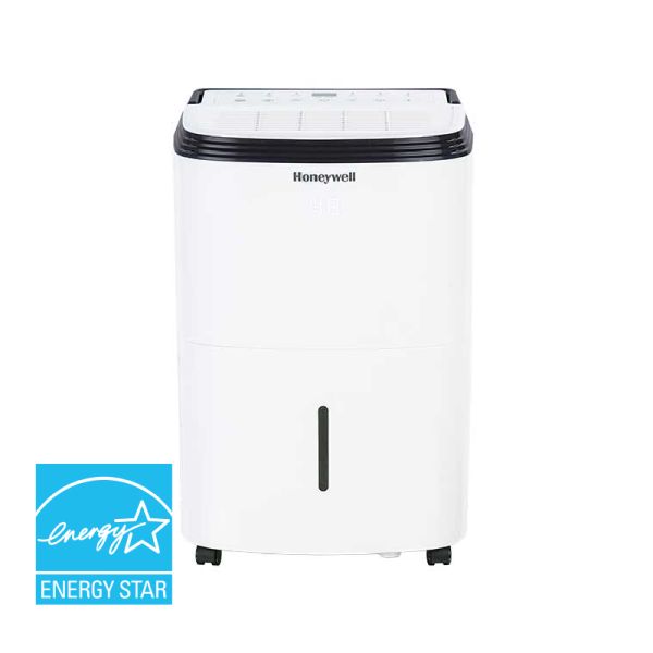 A white and black Honeywell TP50WKN Dehumidifier on a white background and blue Energy Star logo