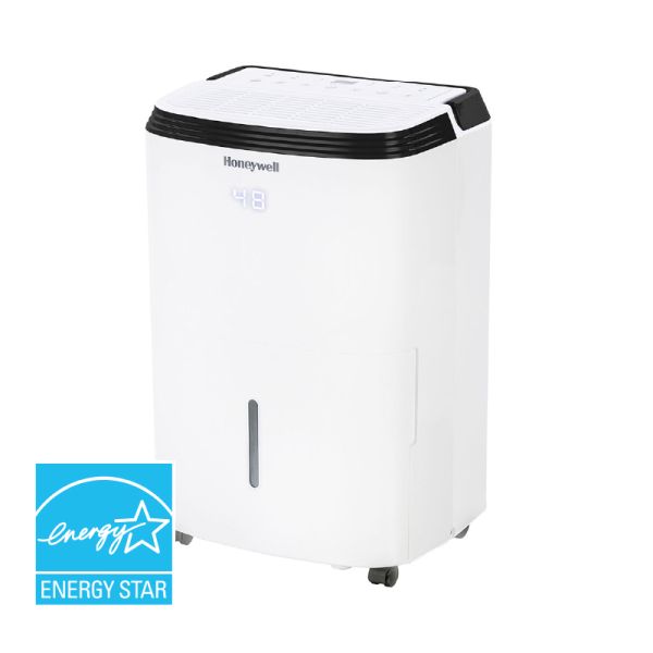 A white and black Honeywell 70-Pint Dehumidifier on a white background and a blue Energy Star logo