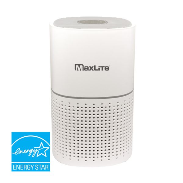 A white colored Maxlite PurAirMax Tabletop Air Purifier on a white background and a blue Energy Star logo