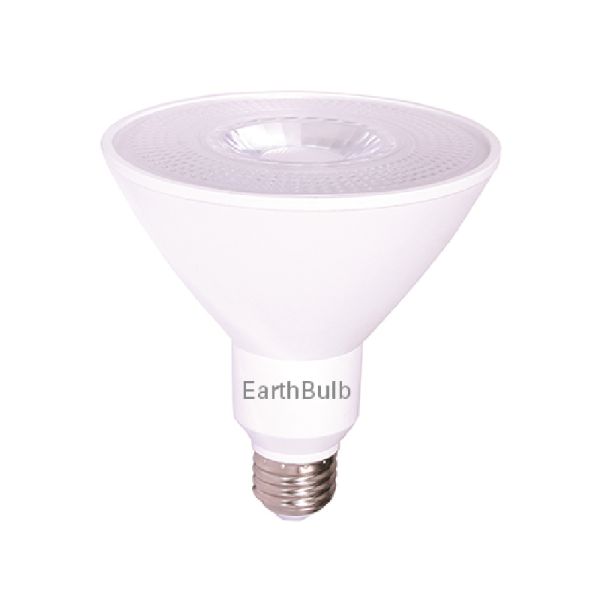 A single EarthTronics Floodlight PAR38 Dimmable 85W Warm White LED bulb on white background.