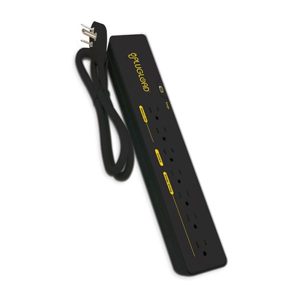 A black and yellow  PlugLoad 7-Outlet Tier-1 Advanced Power Strip on a white background.