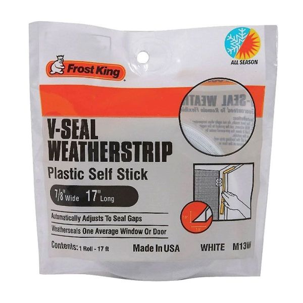 A white and orange Window V-Seal Weatherstripping packaging bag with product details on a white background.