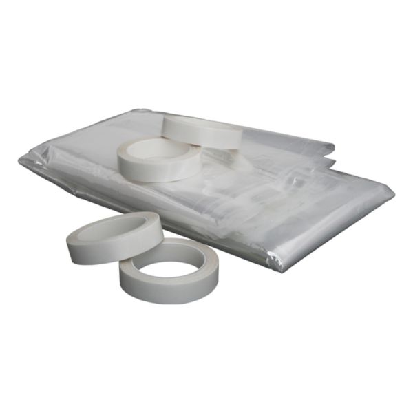 White Single Window Insulation Kit 42" x 62" featuring plastic film and four rolls of tape on a white background.