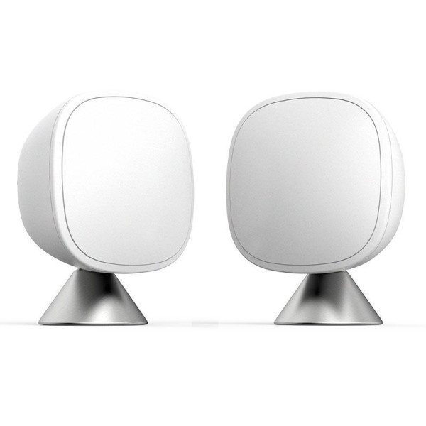Two silver and white colored ecobee SmartSensors on a white background