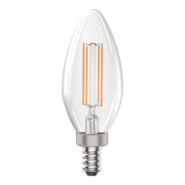 EarthTronics Filament Candle E12 Dimmable 40W Warm White LED lightbulbs in a 4-pack on a white background