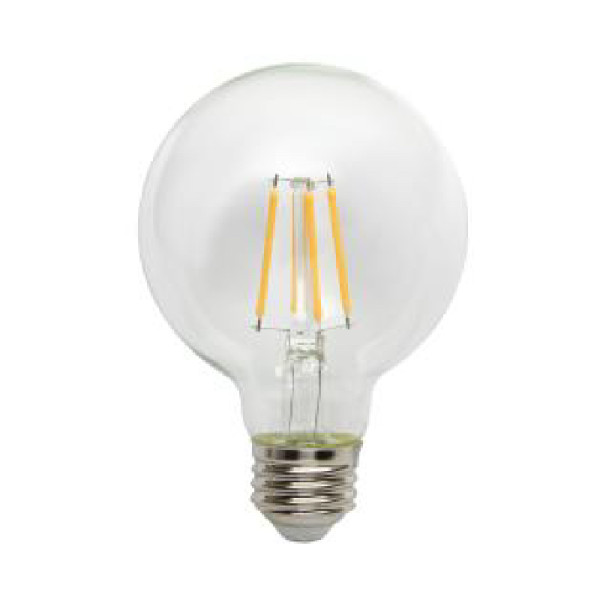 Filament Globe E26 60W Warm White LED lightbulbs in a  4-pack on a white background