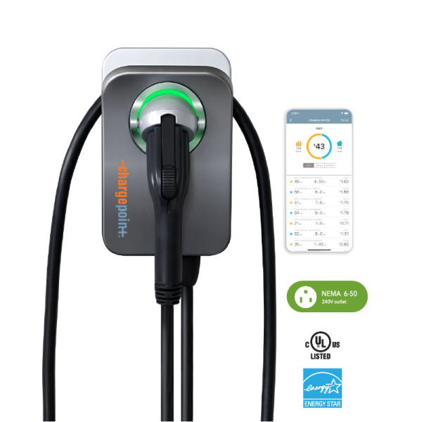 A grey ChargePoint Home Flex Level 2 EV with a green plug light on, a screenshot of the app, NEMA specifications, and a blue Energy Star logo