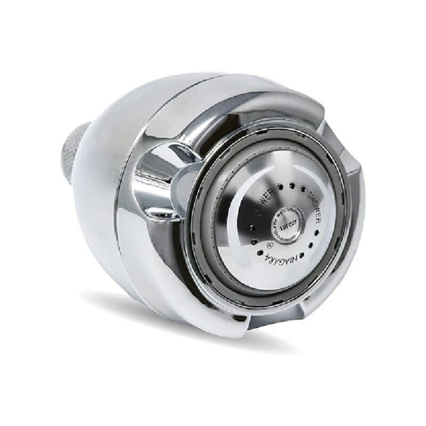 A silver Niagara 1.5 gpm Earth Massage Chrome Showerhead on a white background.