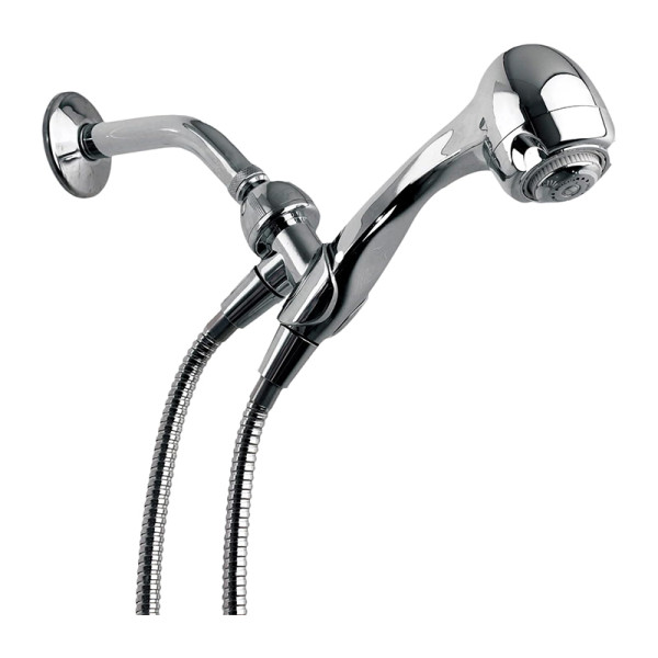 A chrome plated Niagara Conservation Earth Spa 3-Spray Handheld Shower Head on a white background