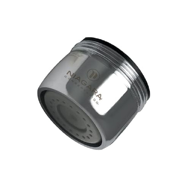 A brass Niagara 0.5 GPM Faucet Aerator N3205N with chrome finishing on a white background.