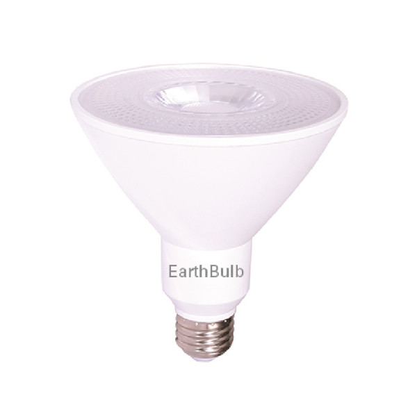 A single EarthTronics Floodlight PAR38 Dimmable 85W Warm White LED bulb on white background.