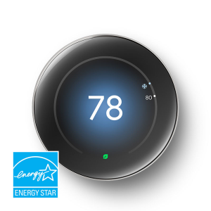 A black colored Google Nest Learning Thermostat on a white background and a blue EnergyStar logo in the left corner